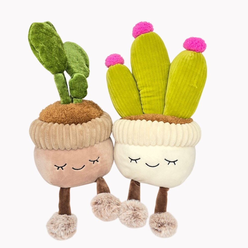 Russ Greenhouse Plush Cactus 2 pc Set 12 Smiley Pot Dangly Legs